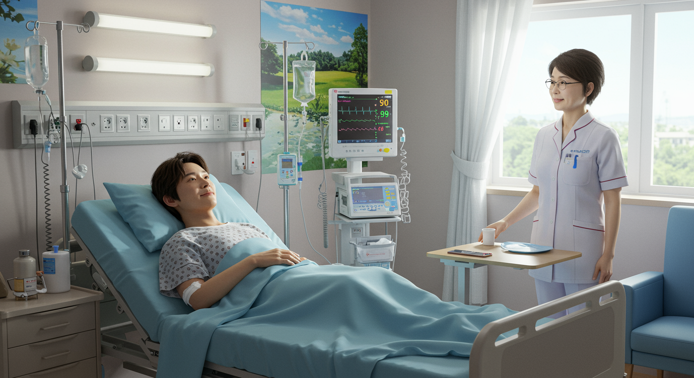 병원에서 간염 환자가 염증 감소를 위한 알부민 치료를 받는 모습