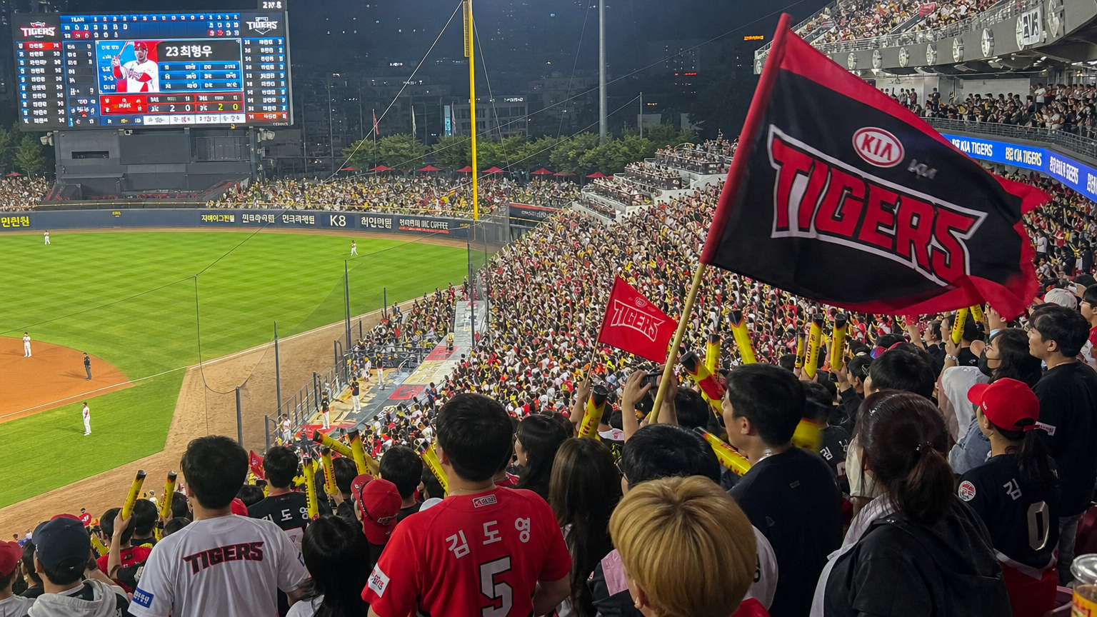 한국 야구장에서 팀 유니폼을 입고 응원하는 팬들
