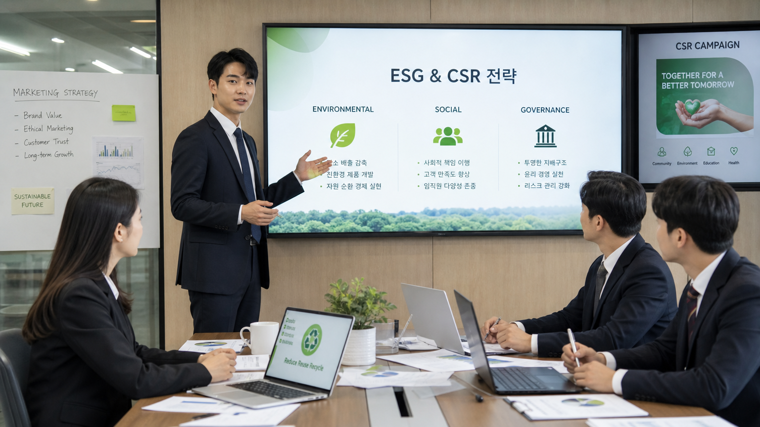 현대적인 사무실에서 ESG와 CSR 개념을 다루는 마케팅 전략 회의를 진행하는 비즈니스 전문가들