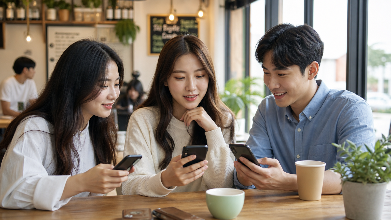 트렌디한 카페에서 스마트폰으로 윤리적 브랜드와 지속 가능성 트렌드를 논의하는 젊은 세대