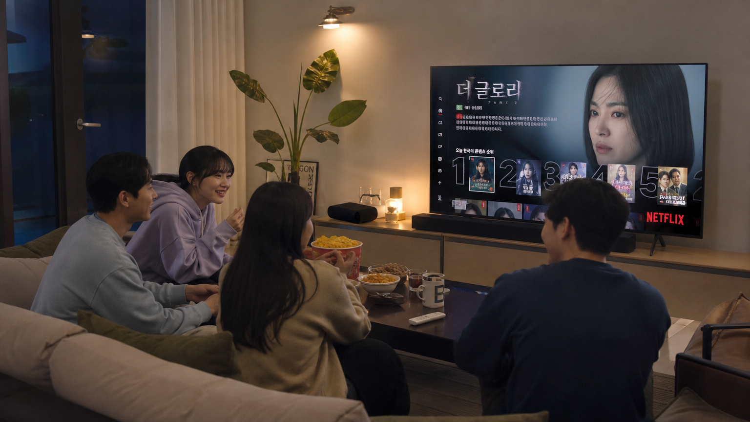 현대적인 거실에서 젊은 성인들이 넷플릭스 드라마를 보고 있는 모습