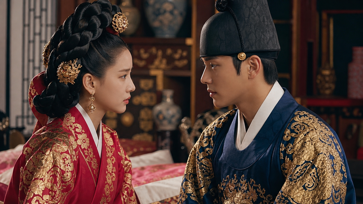 조선 후기의 화려한 의상과 세트 디자인이 돋보이는 퓨전 사극의 장면