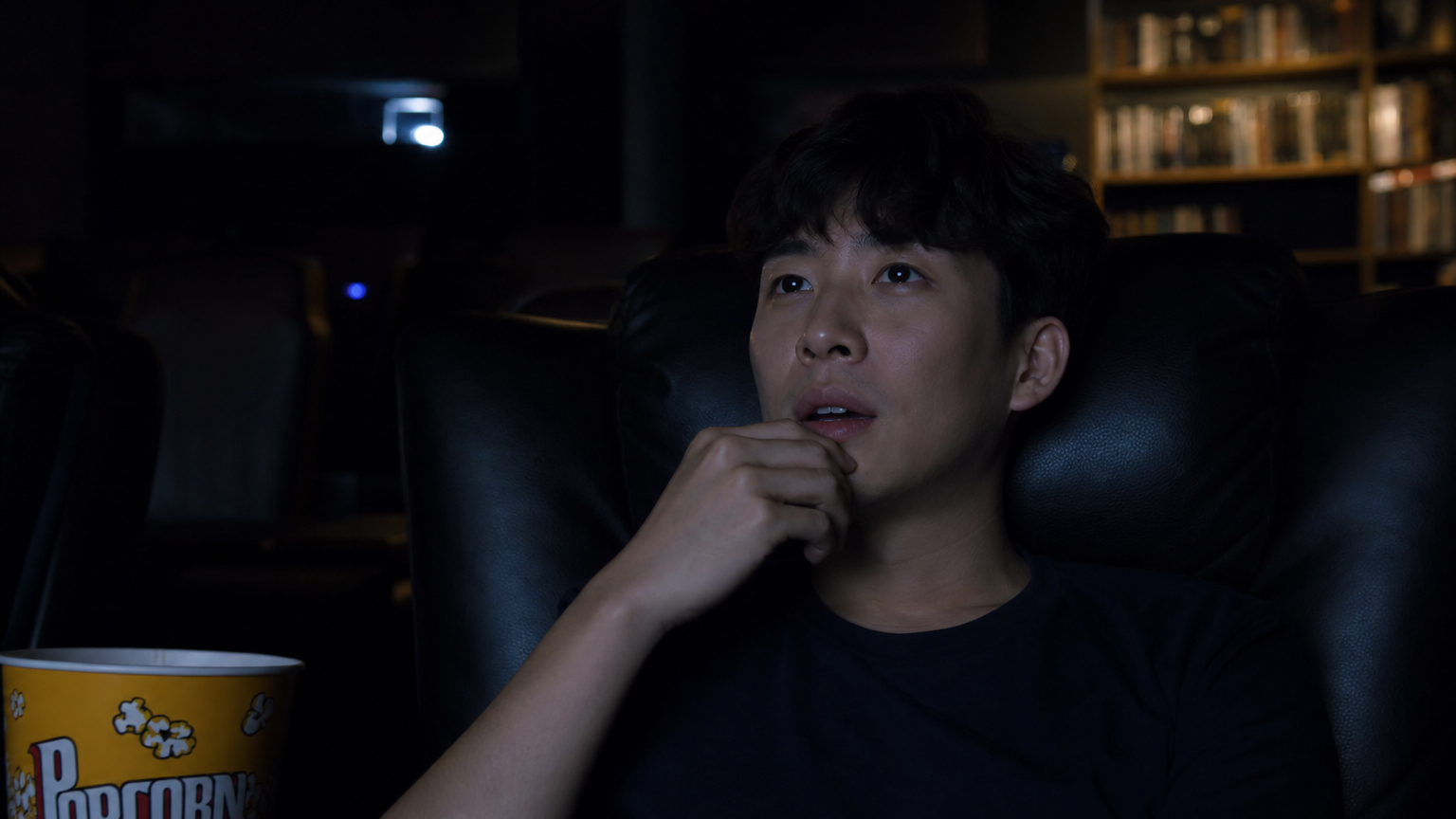 어두운 방에서 집중하며 영화를 보는 영화 애호가의 모습