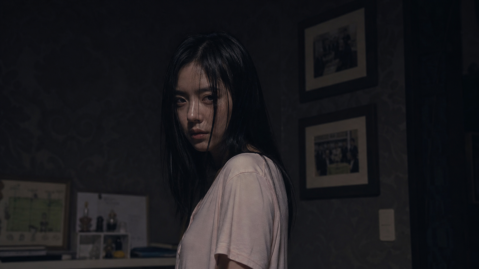 음산한 분위기의 방에서 두려움에 찬 젊은 여성의 모습