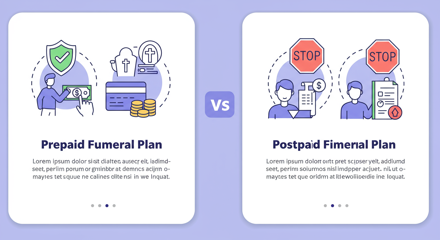 선불제와 후불제 상조의 납입 방식을 비교하는 두 개의 대조적인 패널