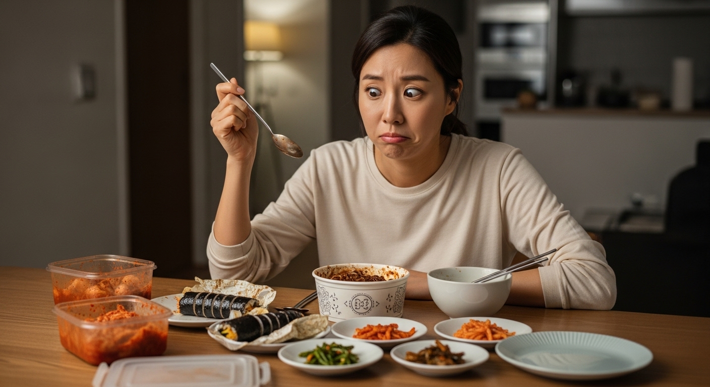 식욕 증가로 당황한 여성의 모습