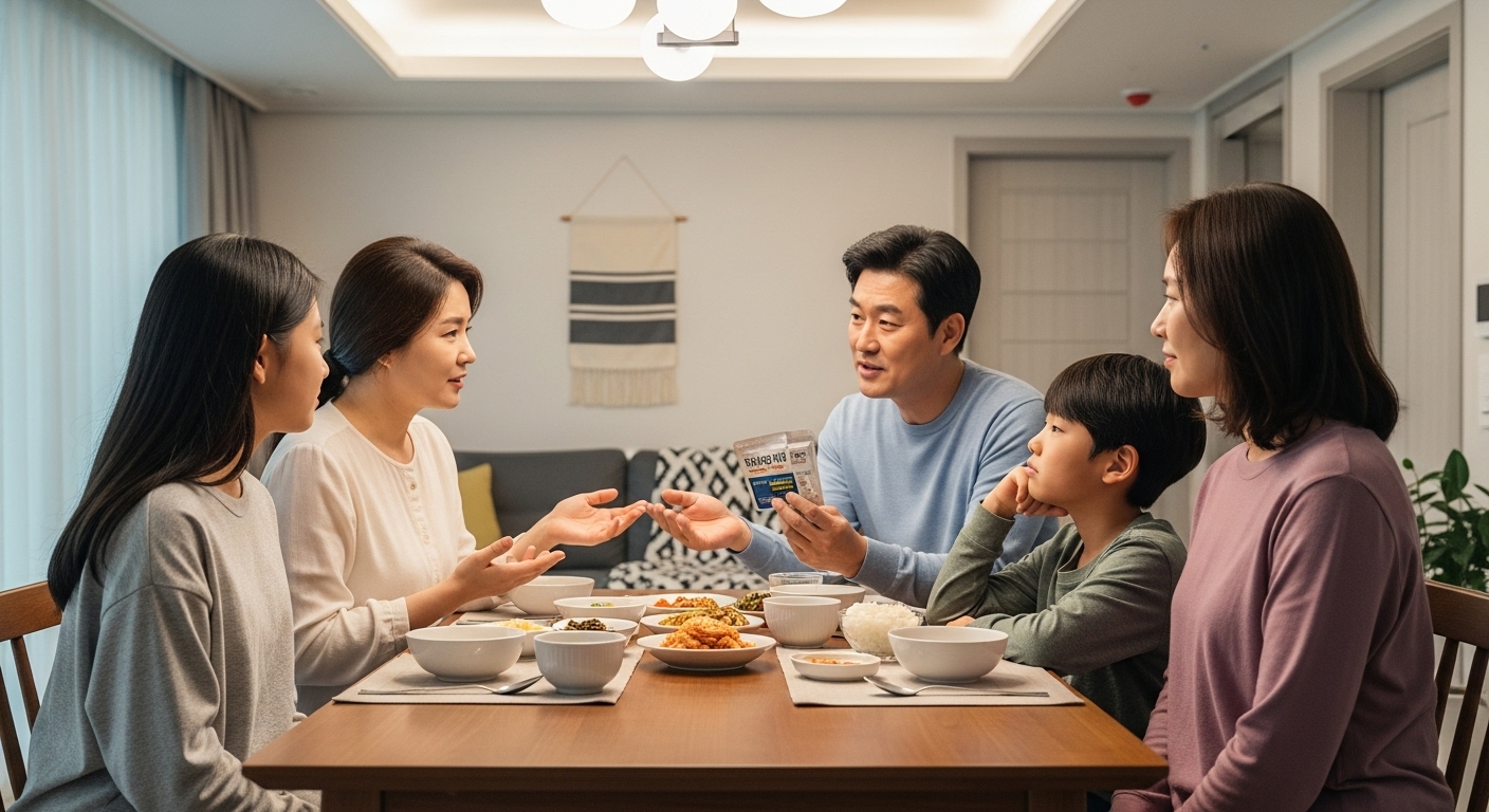 가족들이 식탁에서 독감약 완전 복용의 중요성을 논의하는 모습
