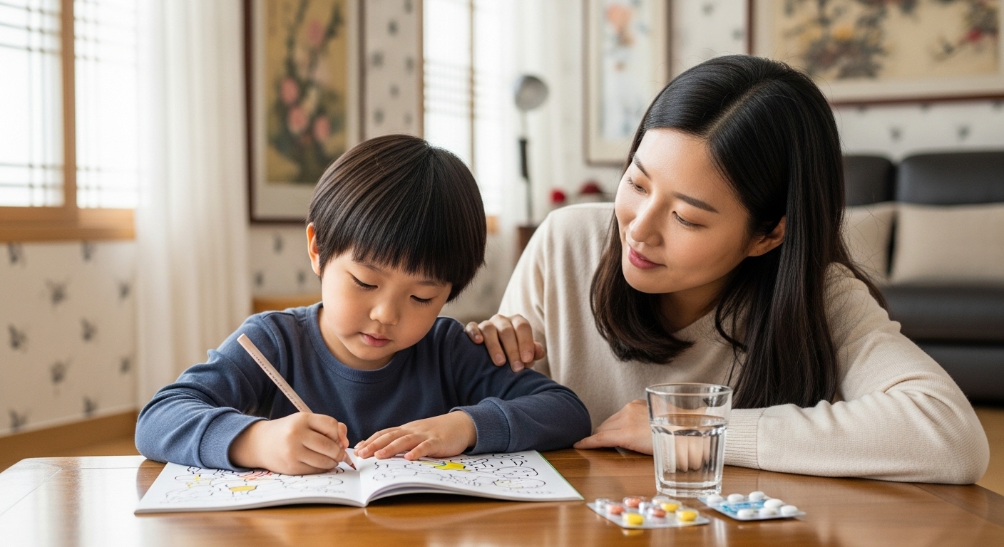 어린이가 보호자와 함께 약 복용 후 이상 행동을 점검받는 모습