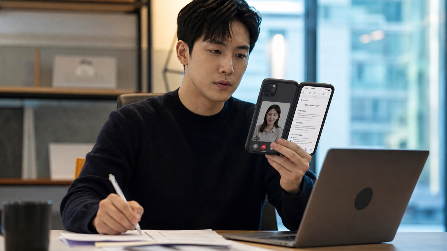 아이폰 듀오의 두 화면으로 멀티태스킹 중인 직장인의 모습