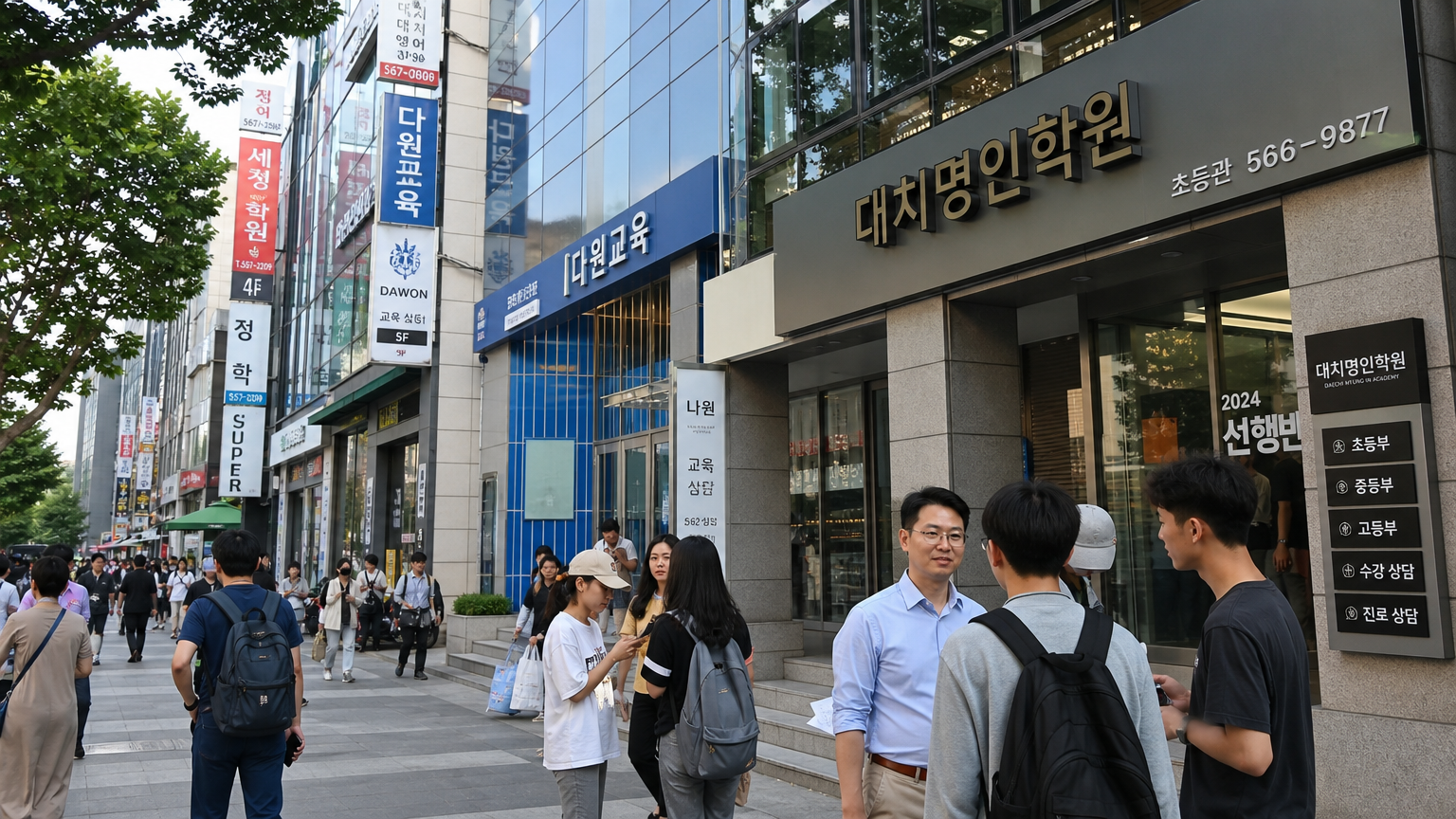 대치동 학원가 거리에서 학생과 교사가 상호작용하는 모습