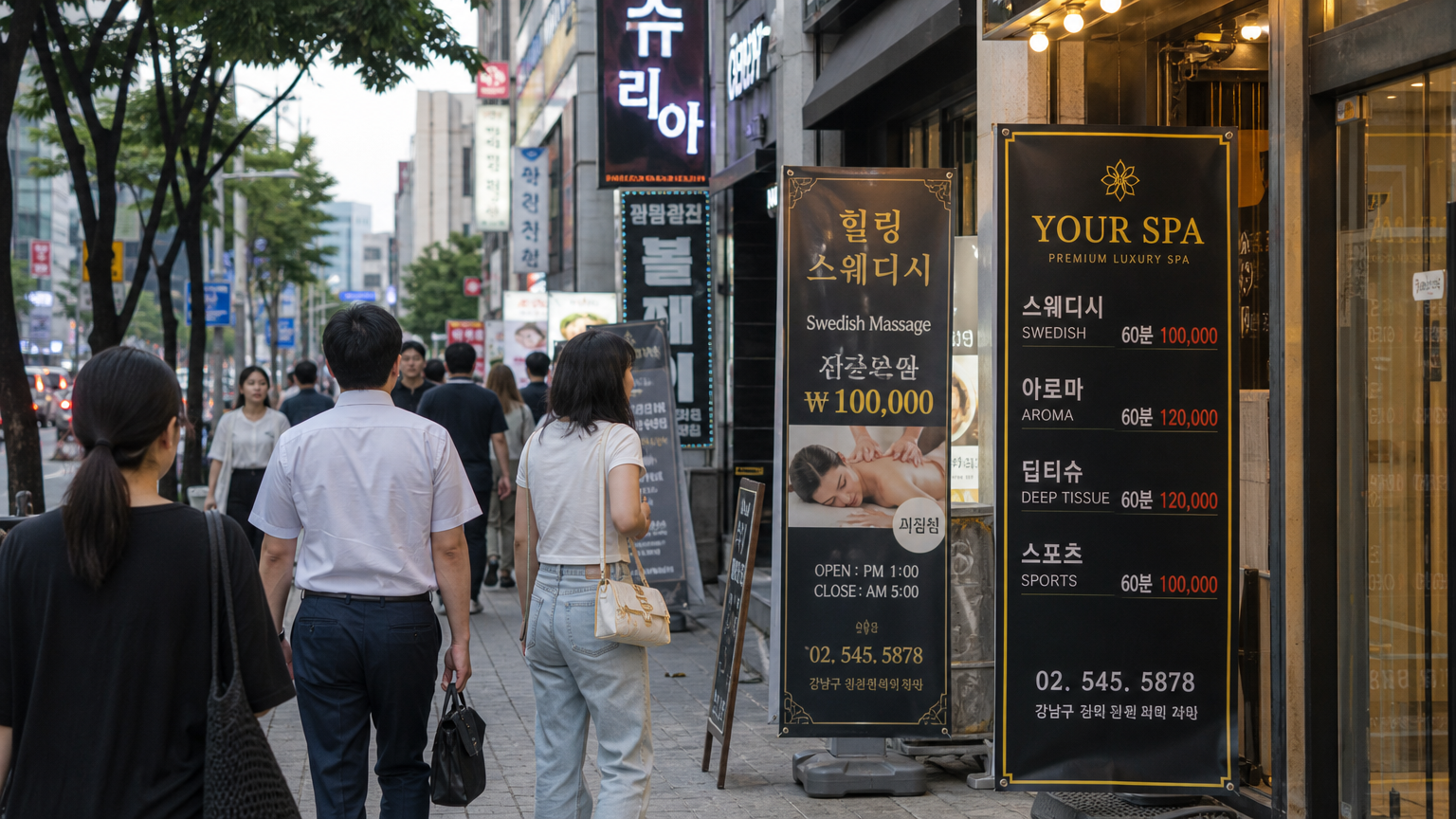강남구 거리에서 다양한 스파 간판이 보이며 지나가는 사람들이 마사지를 고민하는 모습