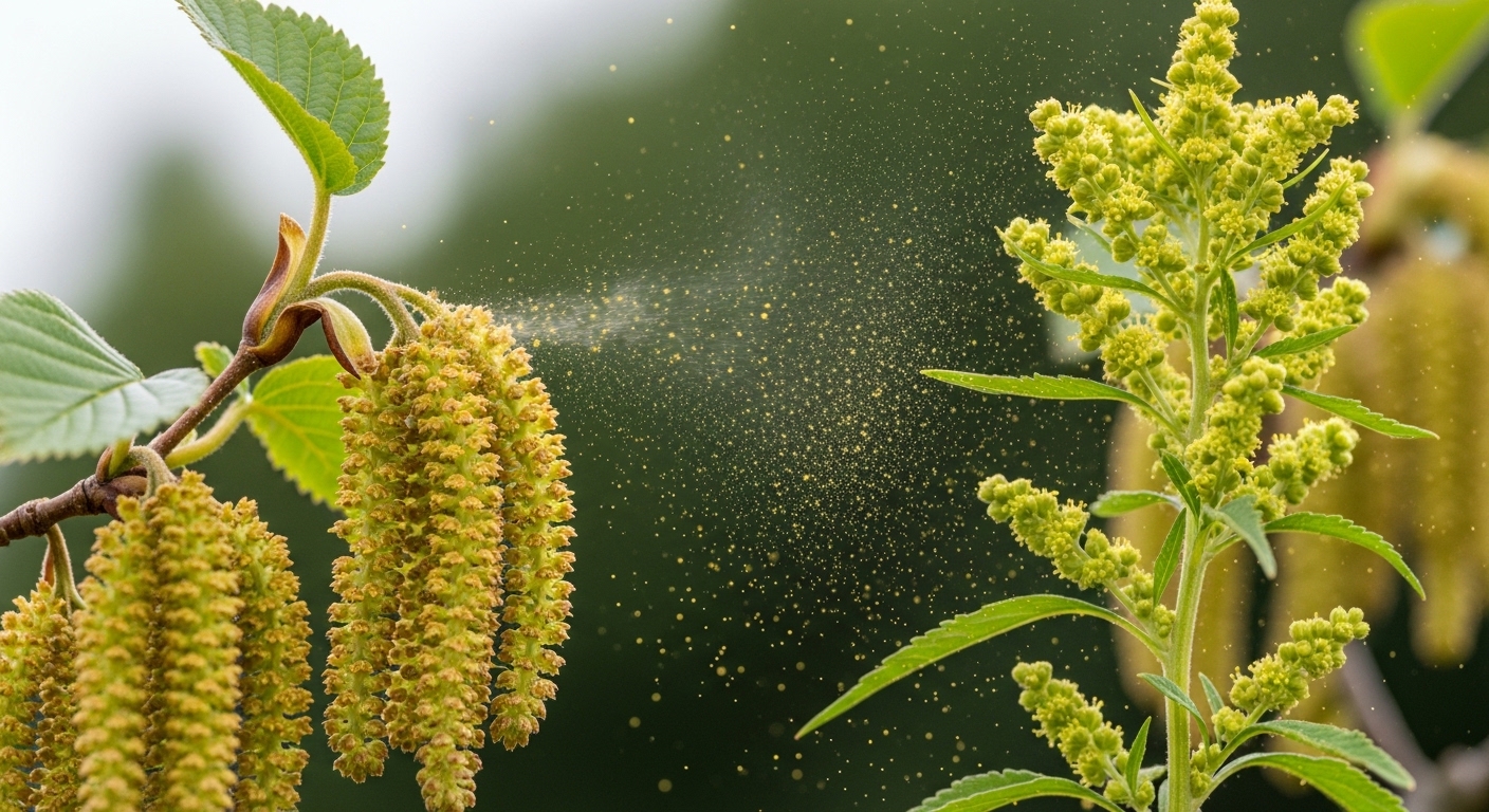바람에 의해 날리는 오리나무와 돼지풀의 미세한 꽃가루 클로즈업