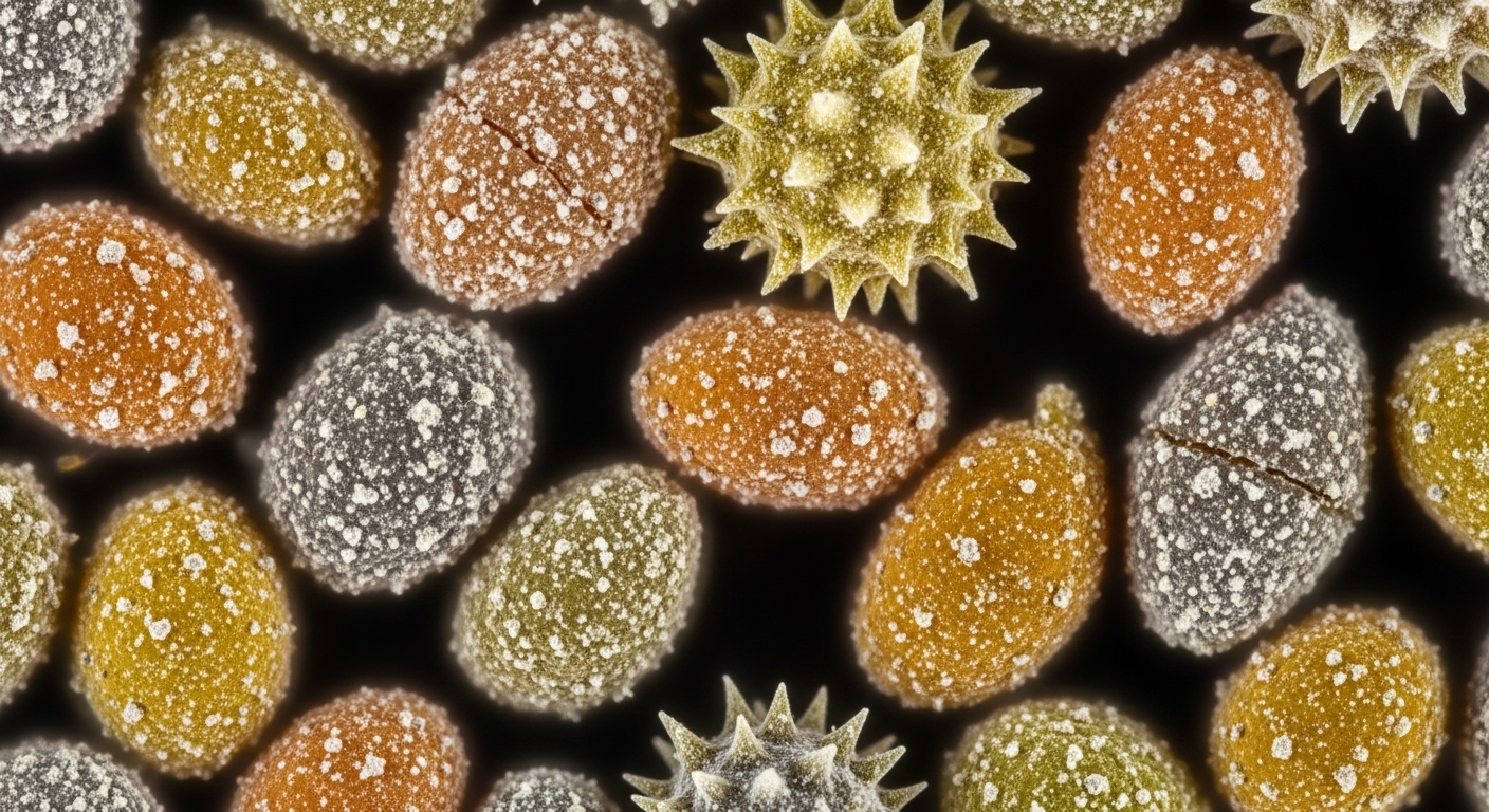 현미경으로 본 꽃가루에 부착된 미세먼지 입자 모습