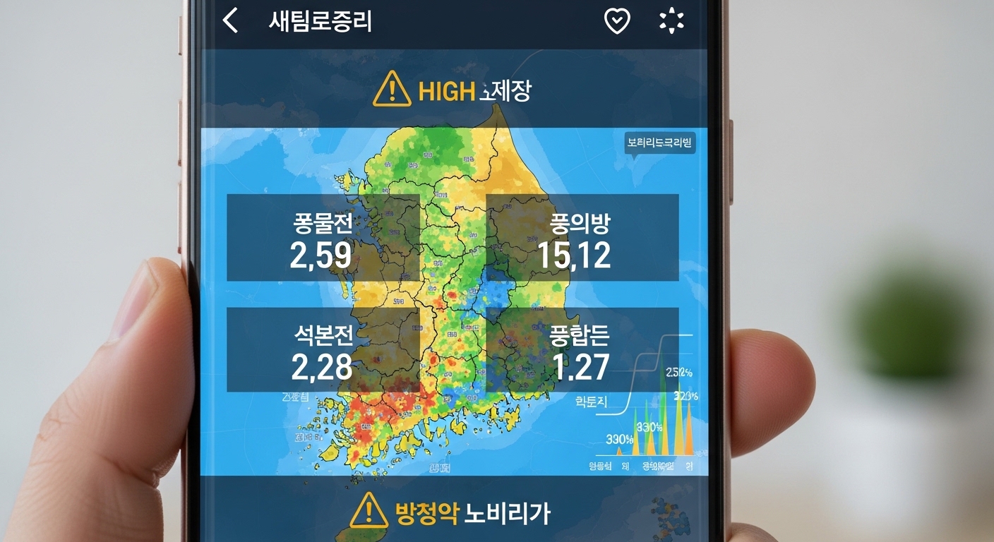스마트폰 화면에 표시된 실시간 꽃가루 및 미세먼지 수치