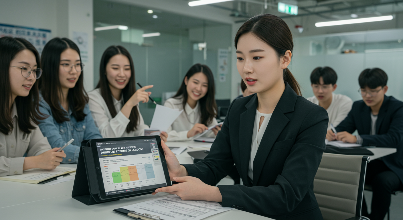 태블릿 화면에 표시된 운전 연수 비용 비교표를 보는 여성