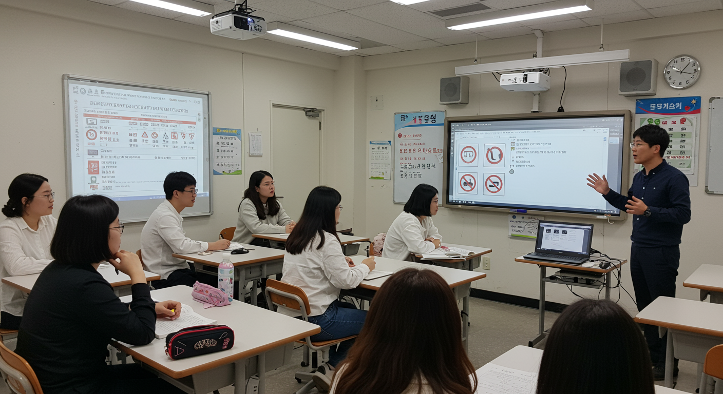 강사가 교실에서 학생들에게 새롭게 업데이트된 교통 표지판 문제를 설명하는 장면