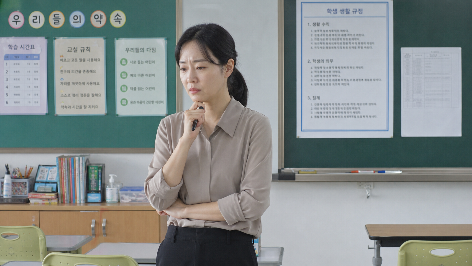 한국인 교사가 교실에서 학생 훈육 방안을 고민하는 장면