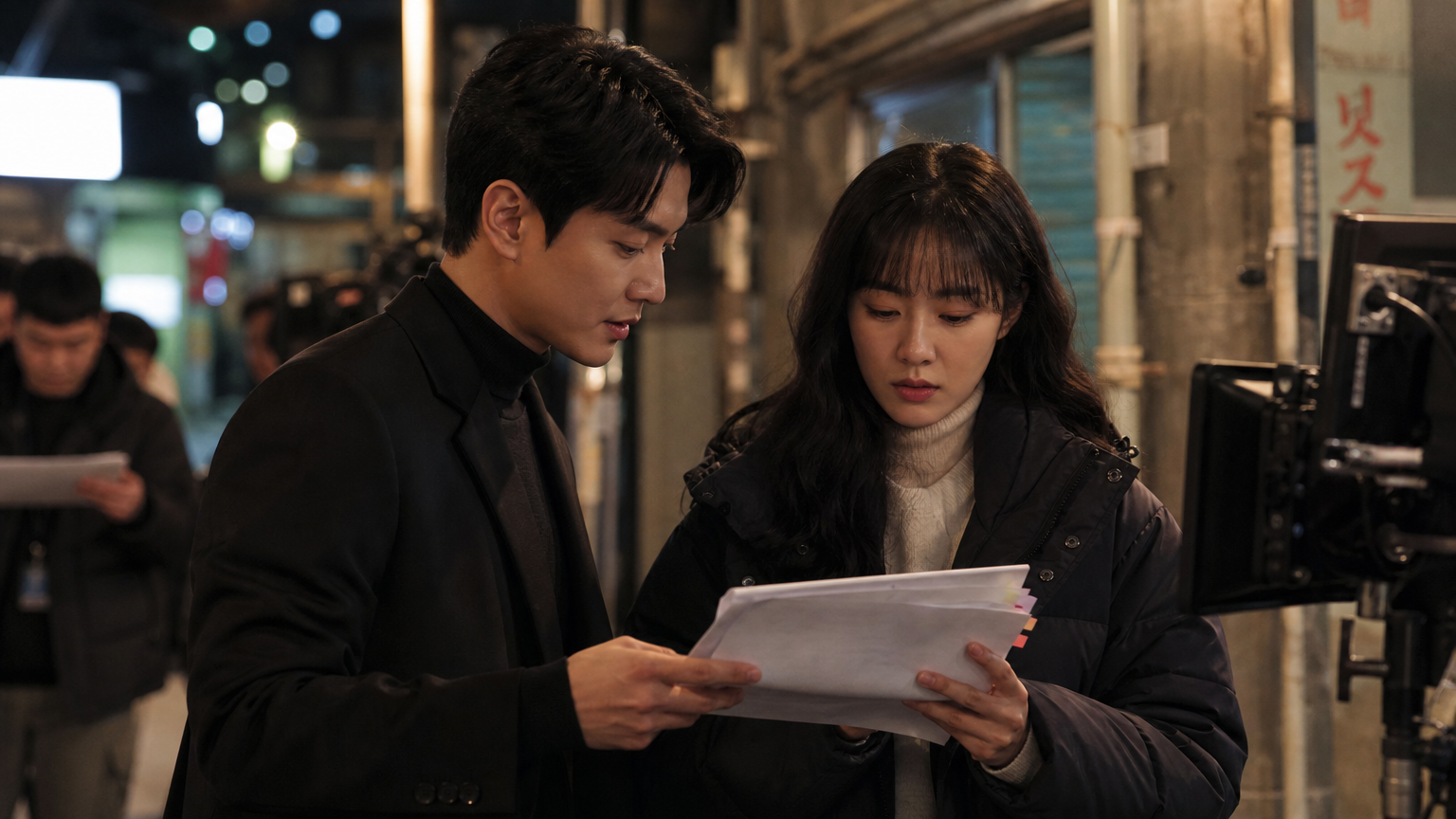 서울의 한 드라마 촬영장에서 장면을 준비 중인 두 명의 한국 배우