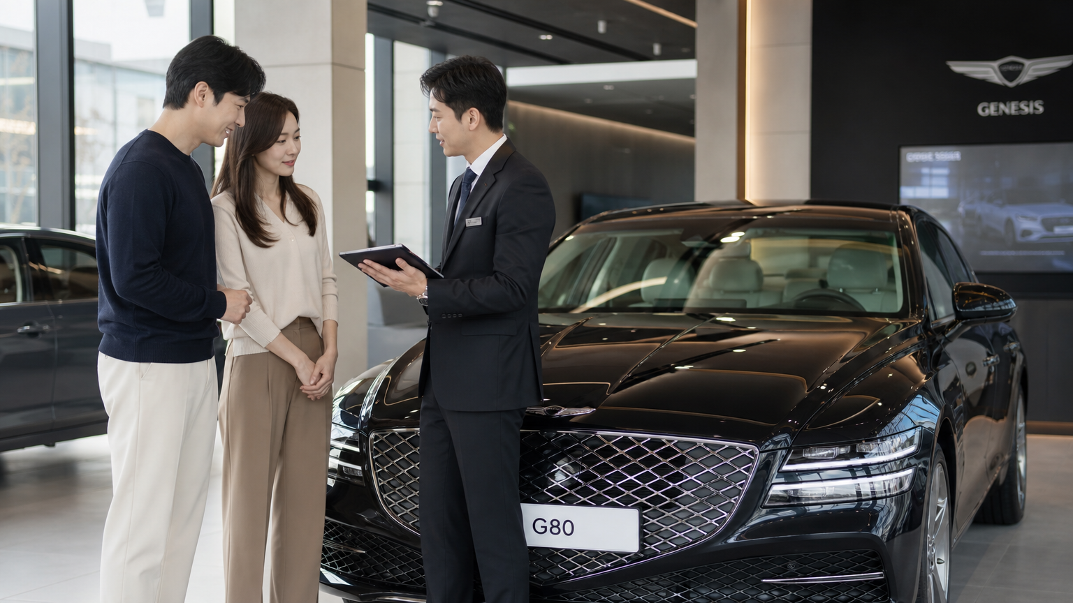 젊은 커플이 자동차 딜러십에서 제네시스 G80을 살펴보며 영업사원과 상담하는 장면