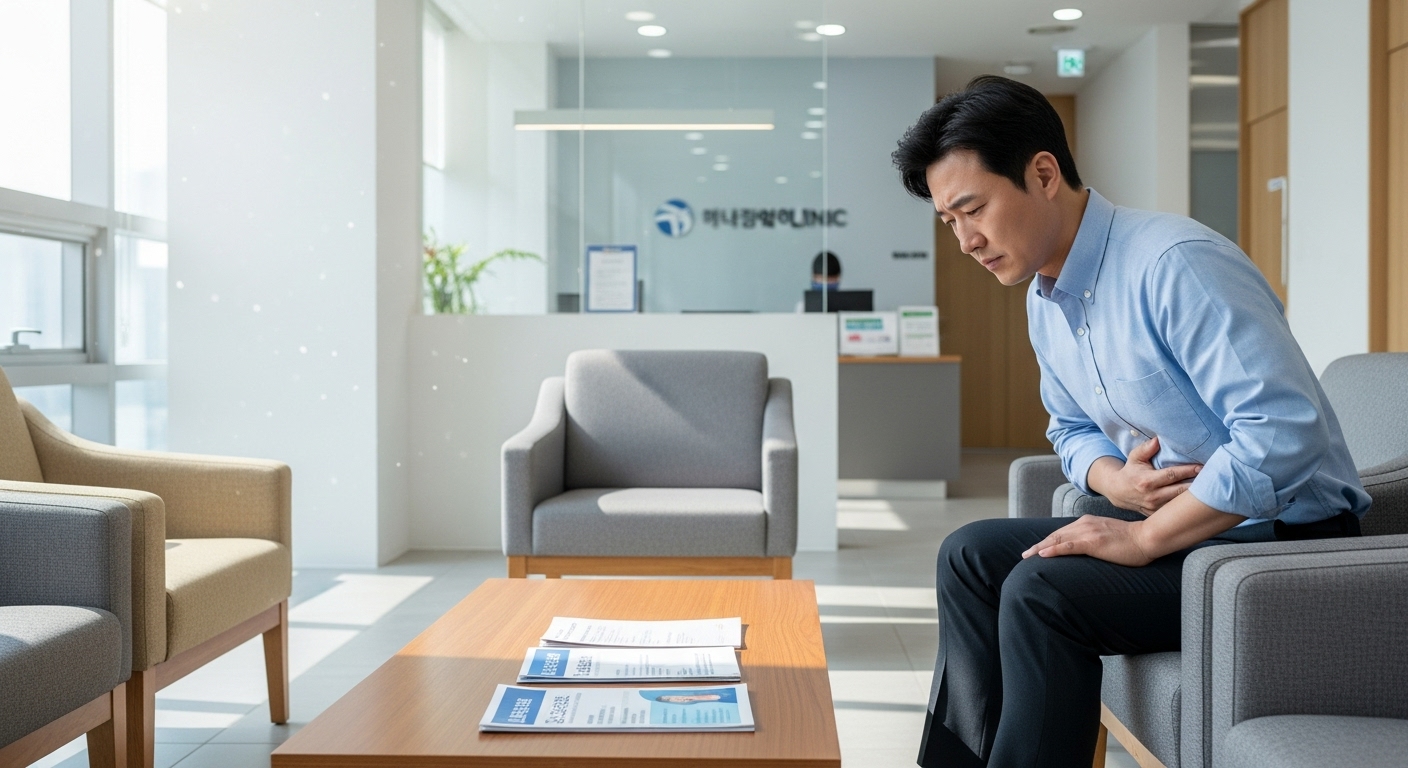 병원 대기실에서 명치 통증으로 괴로워하는 남성