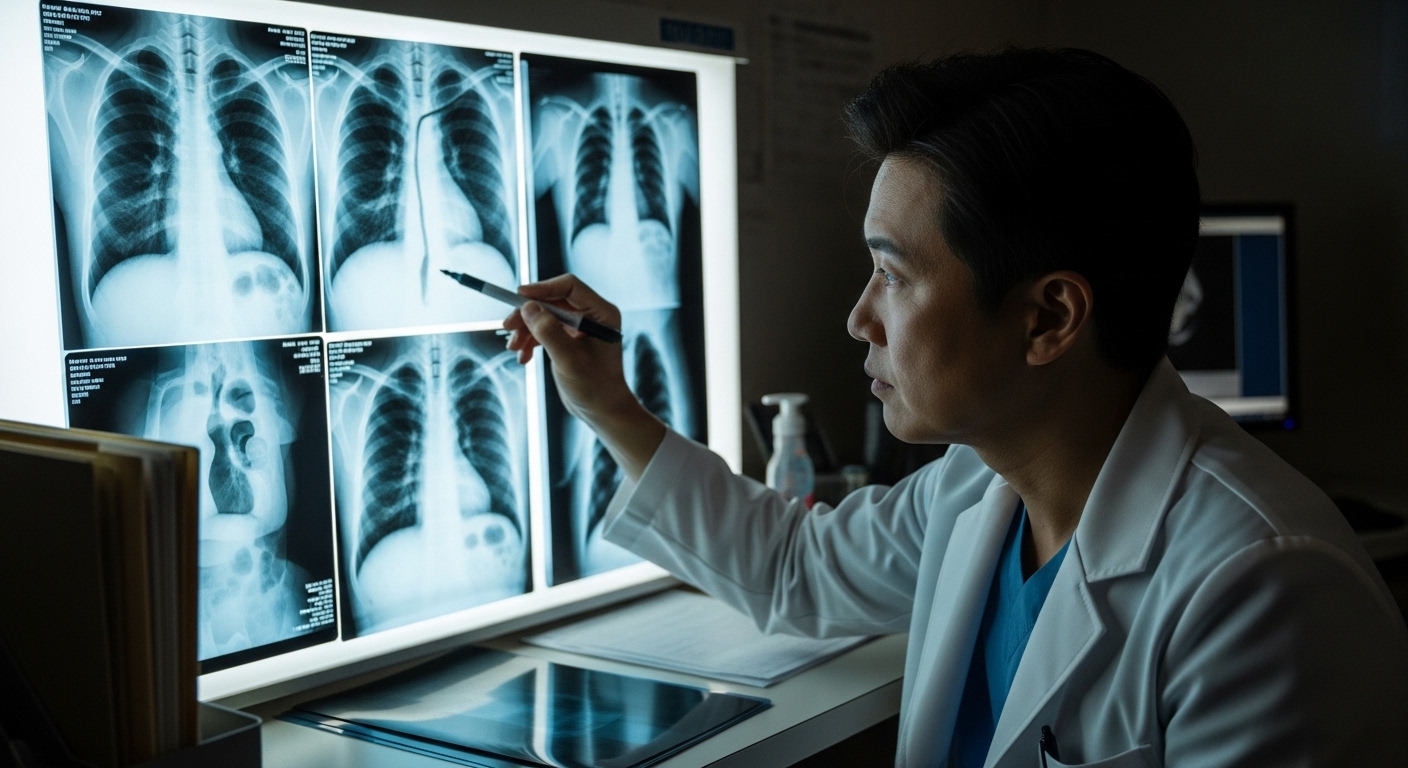 흉부 엑스레이 영상을 분석하는 한국 방사선사의 모습