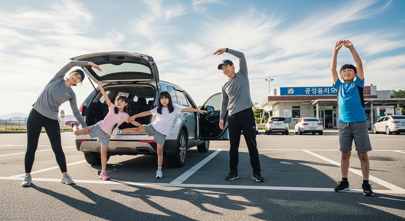 휴게소에서 스트레칭하는 모습