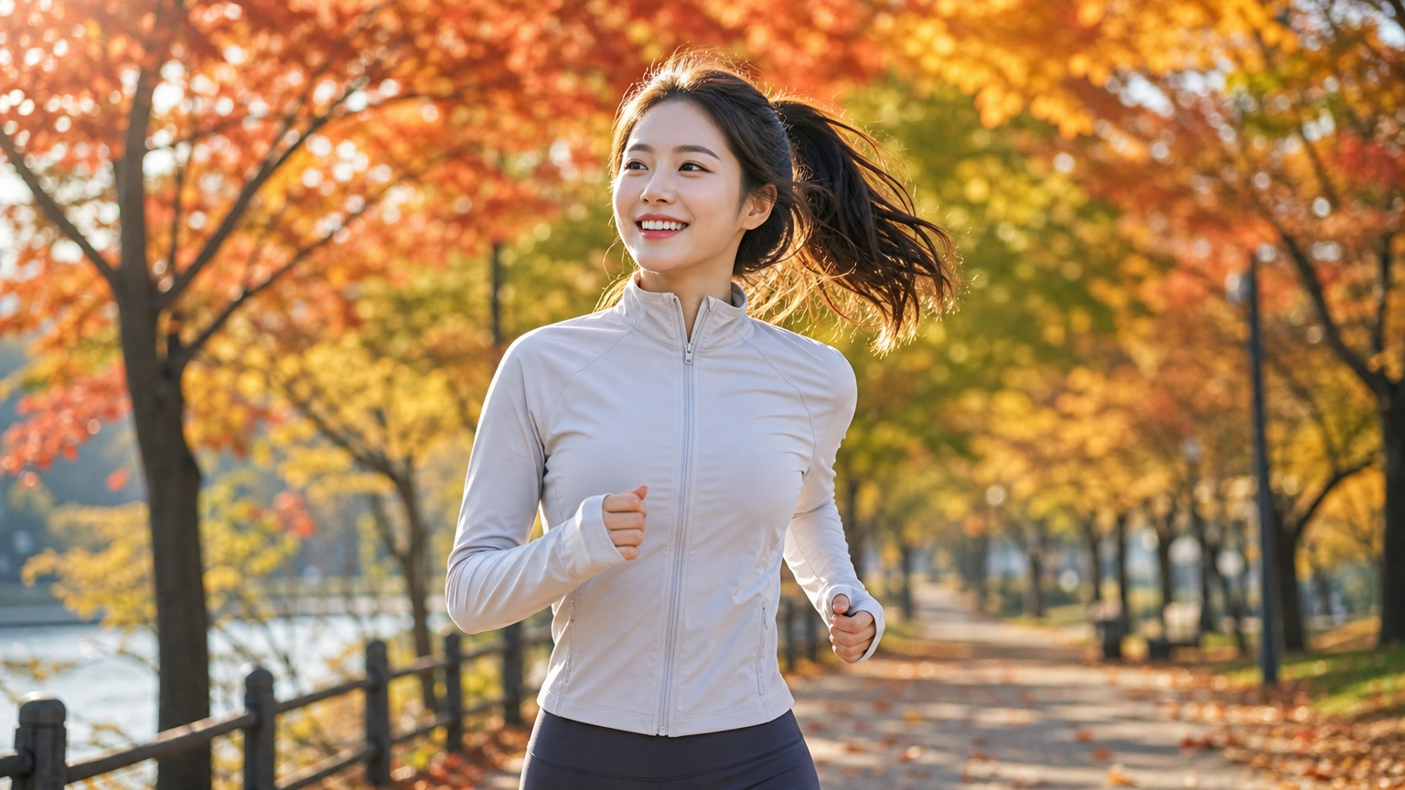 공원에서 조깅하며 상쾌함을 느끼는 여성