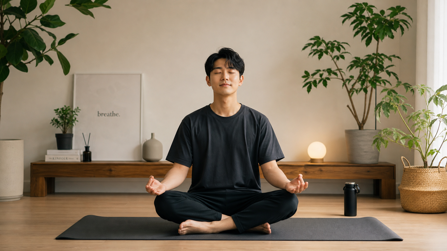 미니멀한 거실에서 명상을 하는 남성