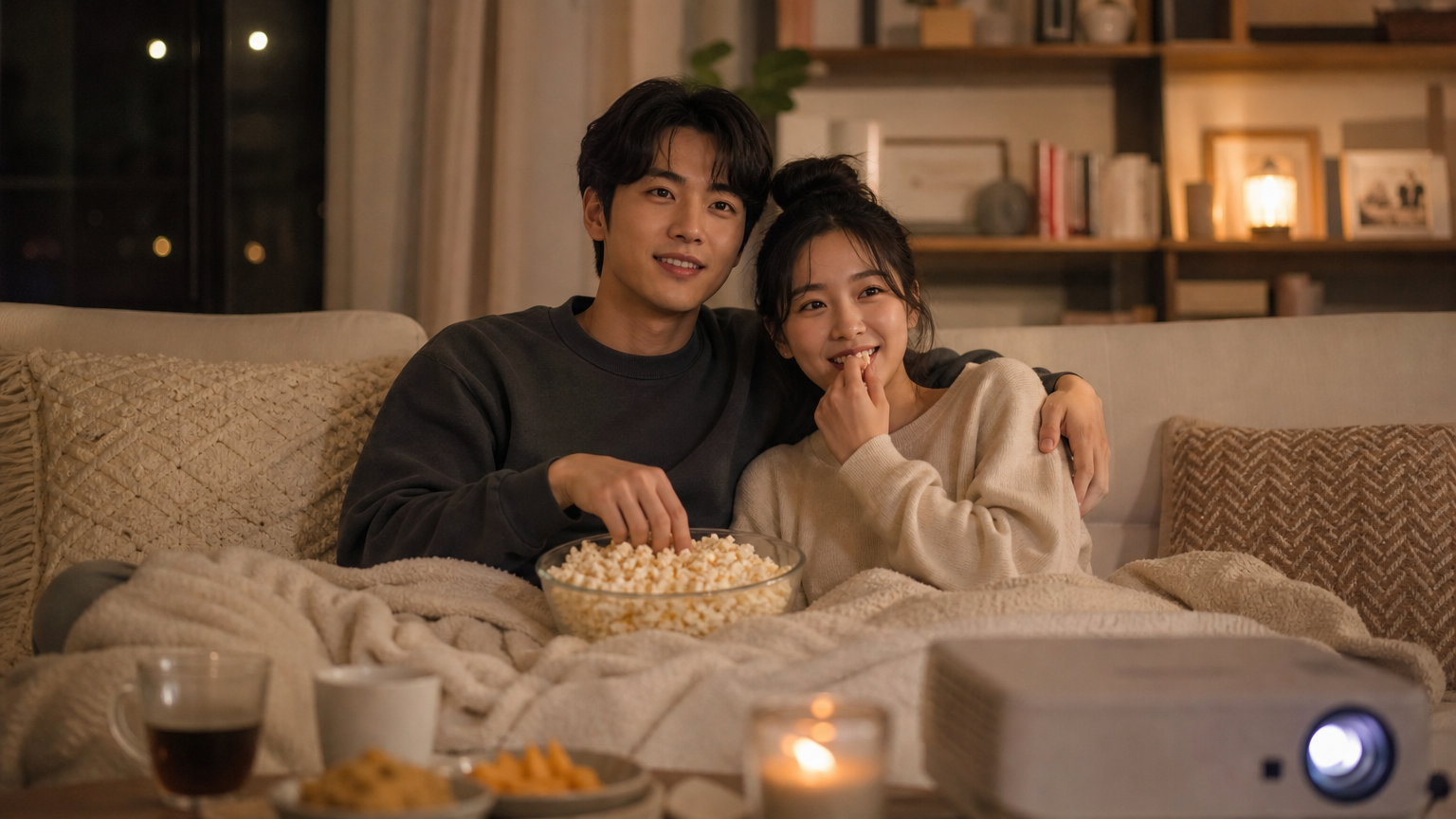 집에서 편안하게 영화를 보는 젊은 커플