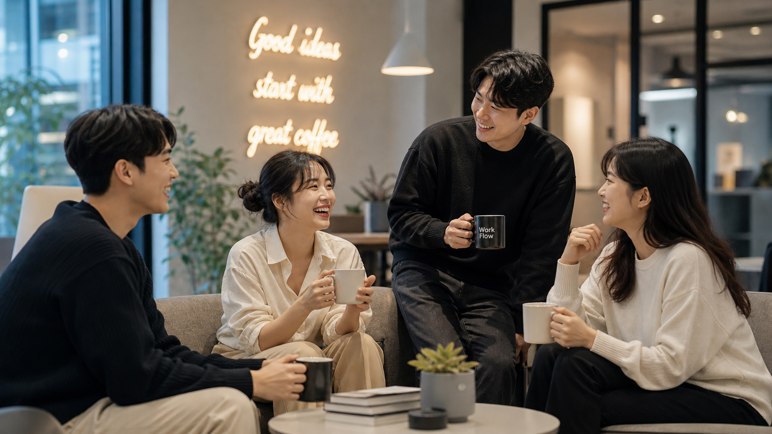회사 라운지에서 대화하며 웃고 있는 동료들