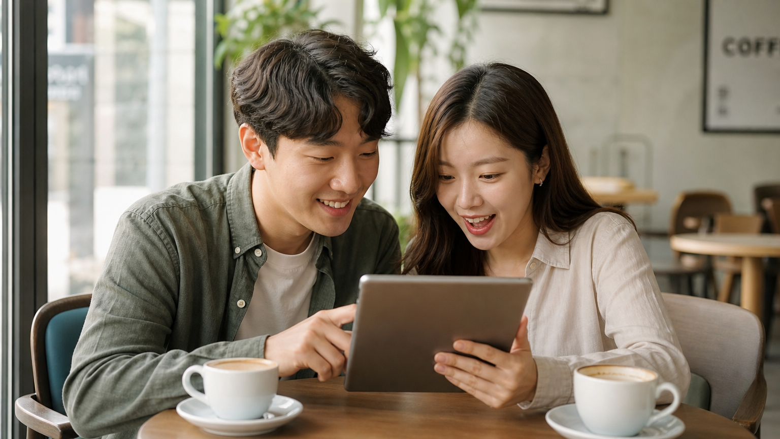 카페에서 디지털 기기로 여수 여행 계획을 세우는 현대적 커플