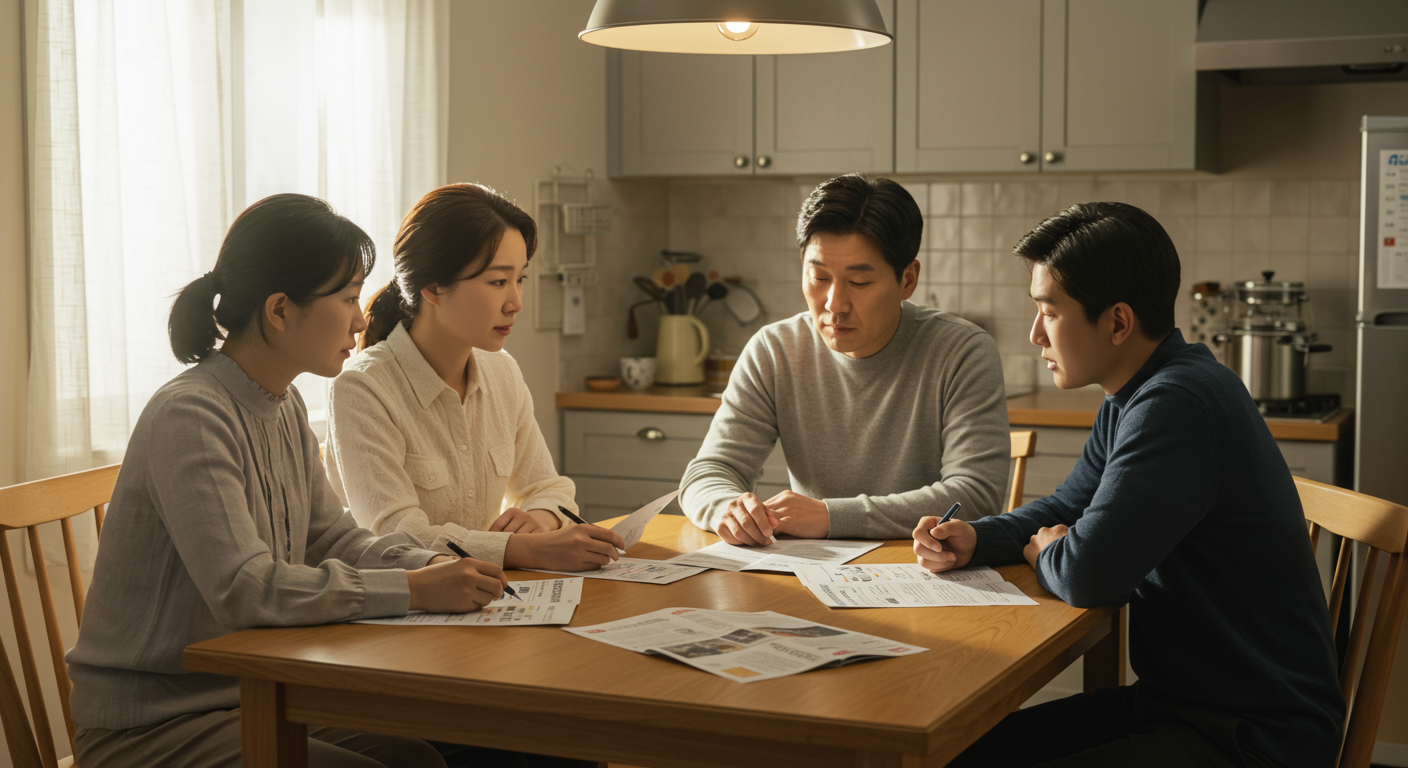 가족이 식탁에 모여 정부 지원 정책을 논의하는 장면, 브로셔와 노트북 사용