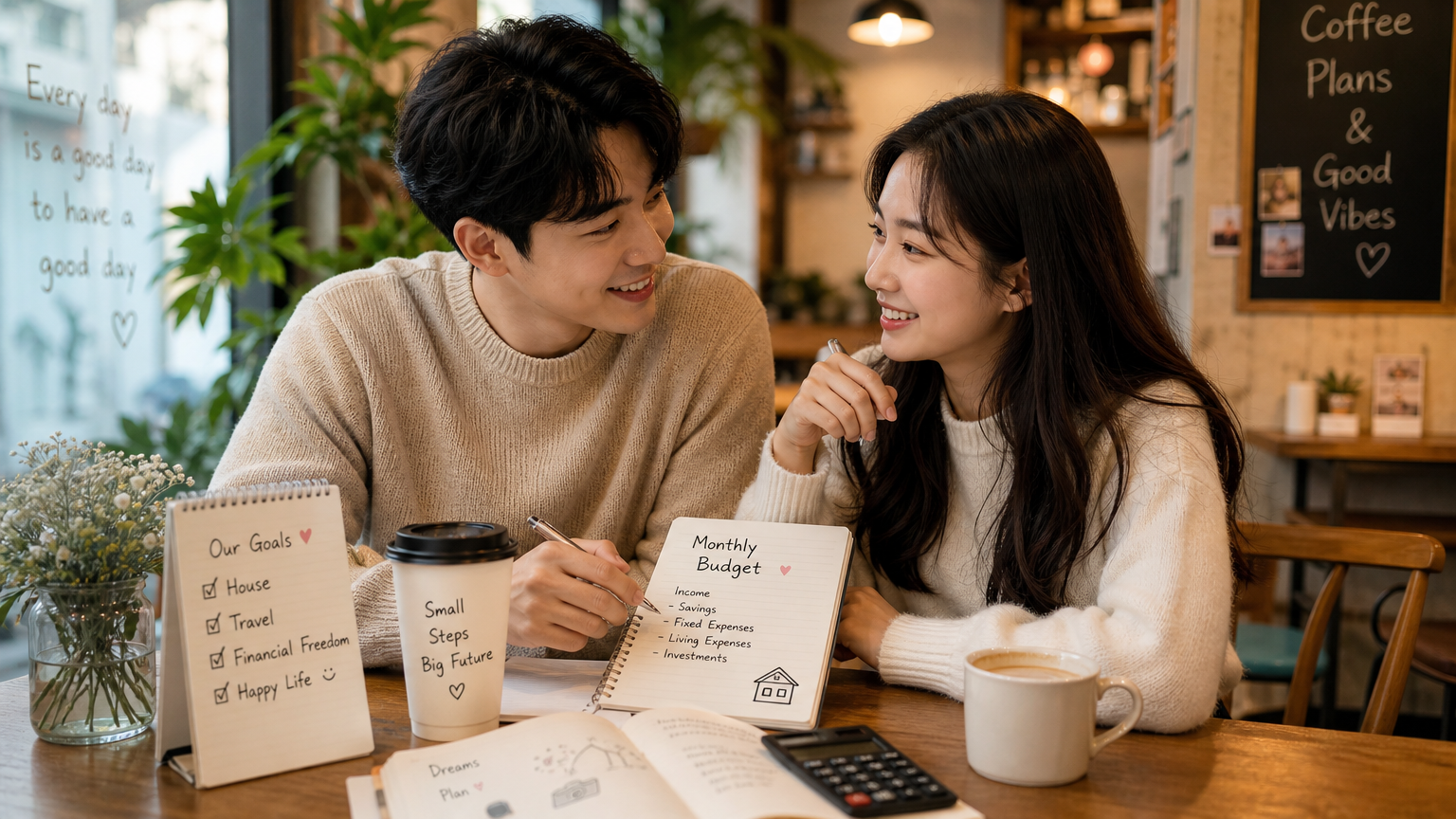 젊은 커플이 카페에서 재정을 논의하며 웃고 있는 모습