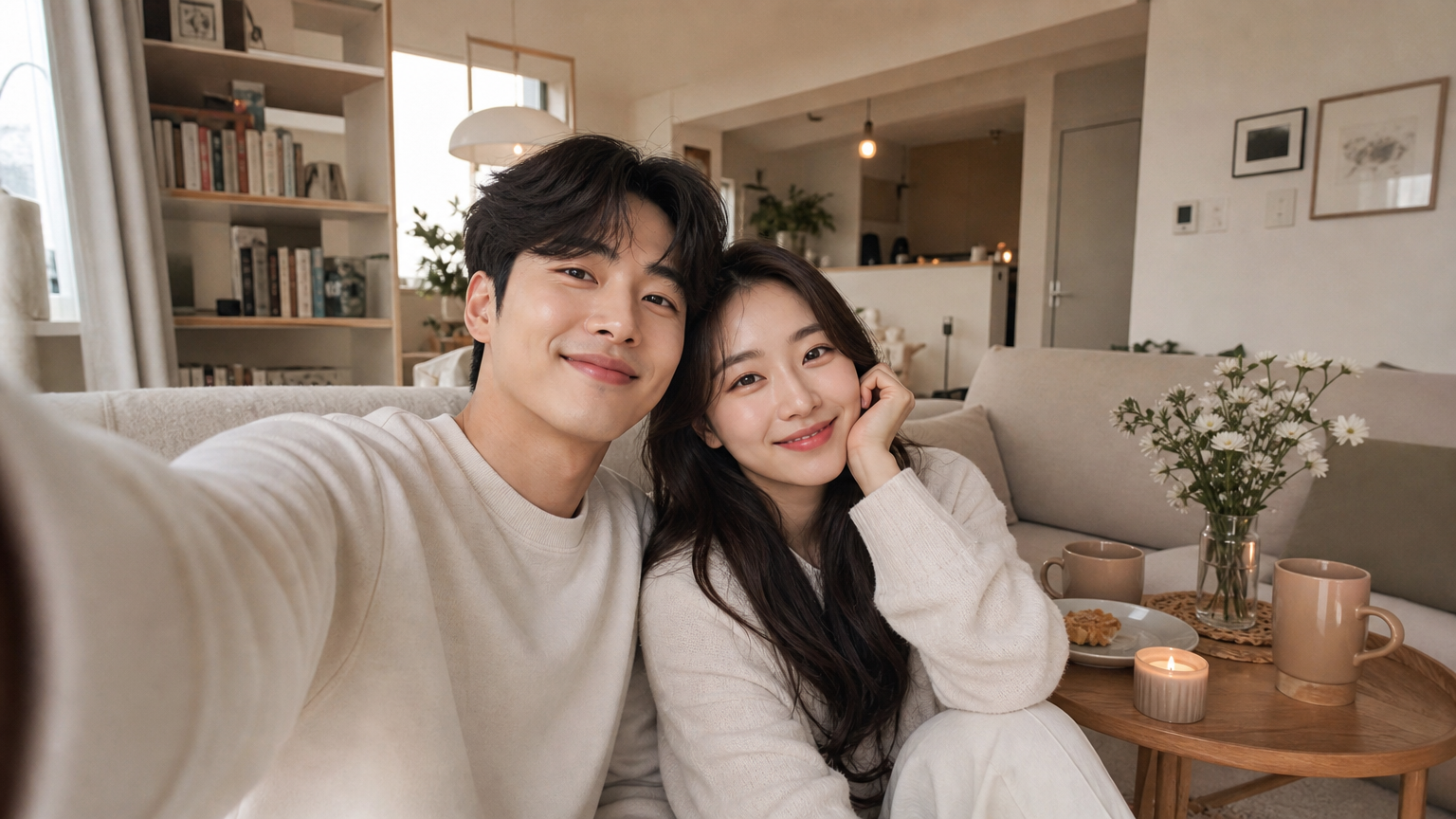 아늑한 집에서 시간을 보내며 관계를 유지하는 행복한 커플의 일상