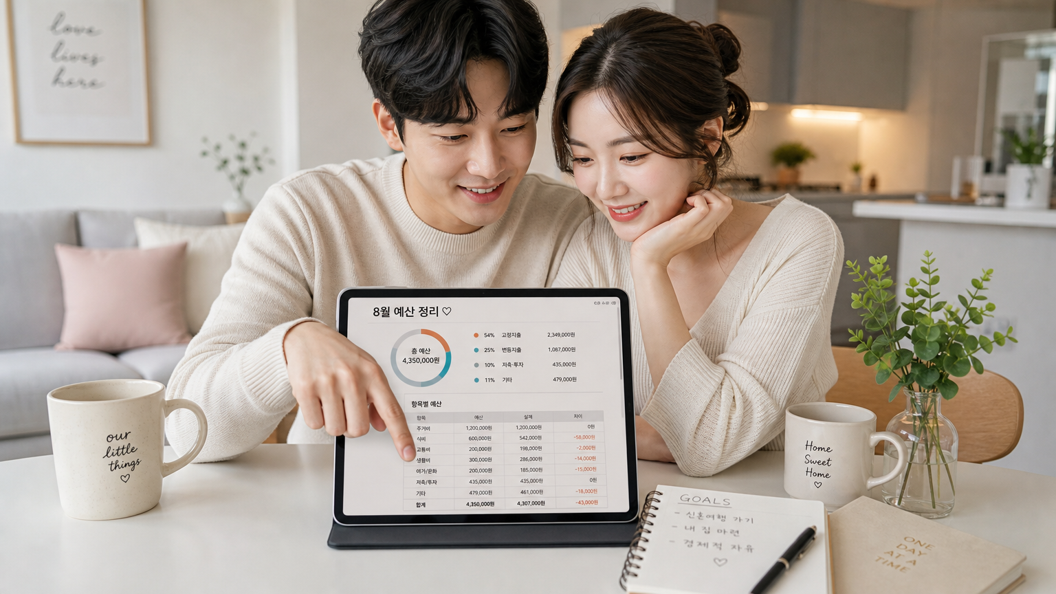 신혼부부가 현대식 아파트에서 태블릿으로 예산을 관리하는 모습