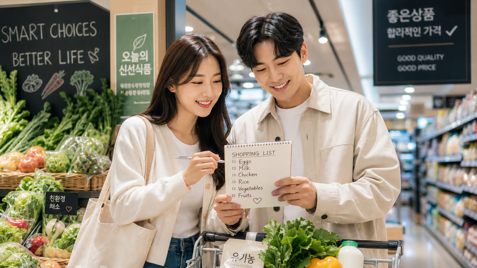 커플이 장보기 목록을 들고 식료품점에서 현명하게 쇼핑하는 모습