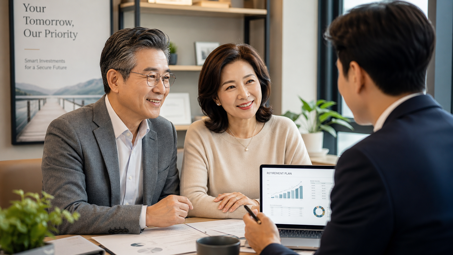 성숙한 부부가 금융 상담사와 함께 은퇴 투자를 상담하는 모습