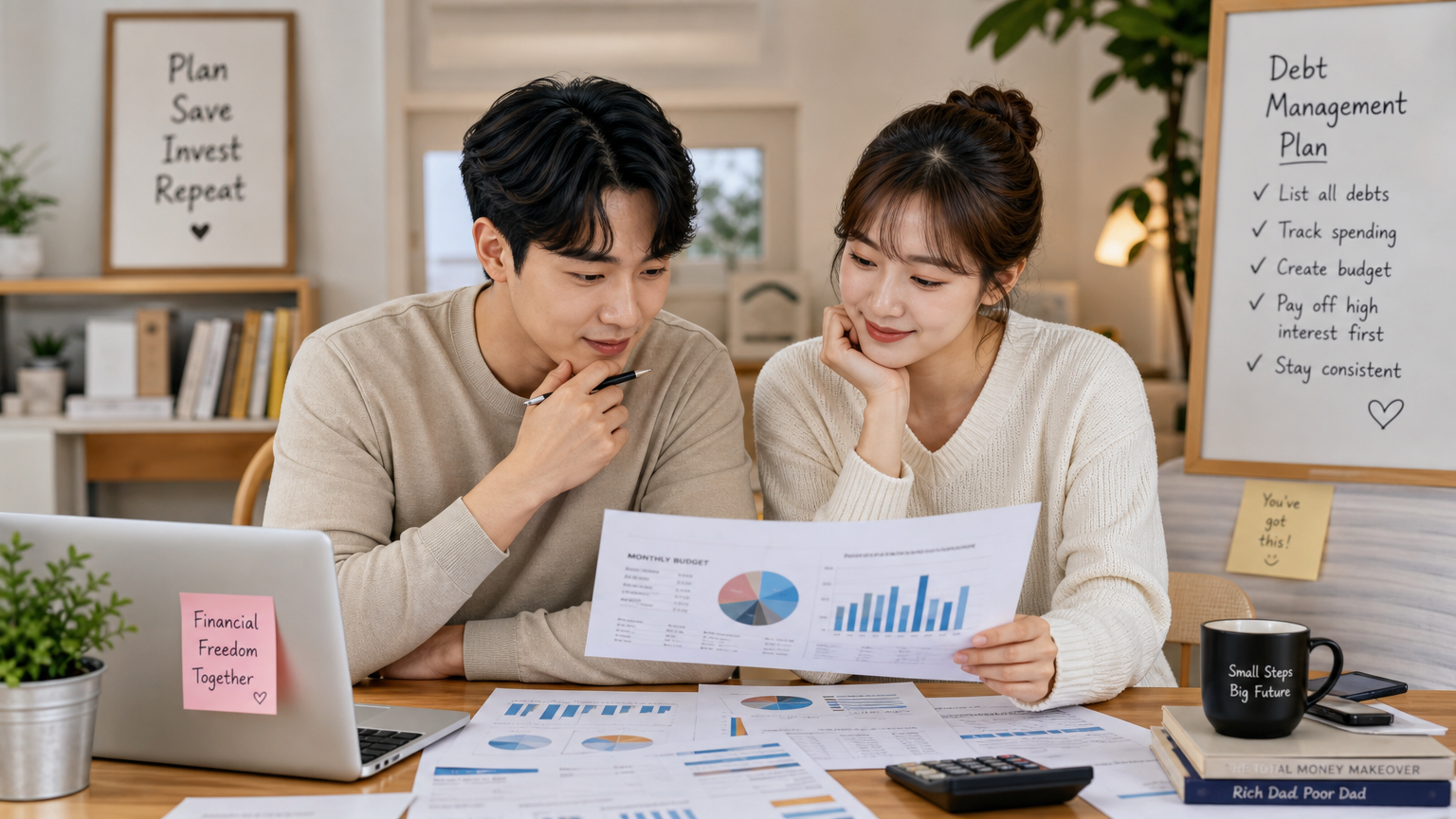 부채 관리 전략을 검토하며 협력하는 부부의 가정 내 풍경