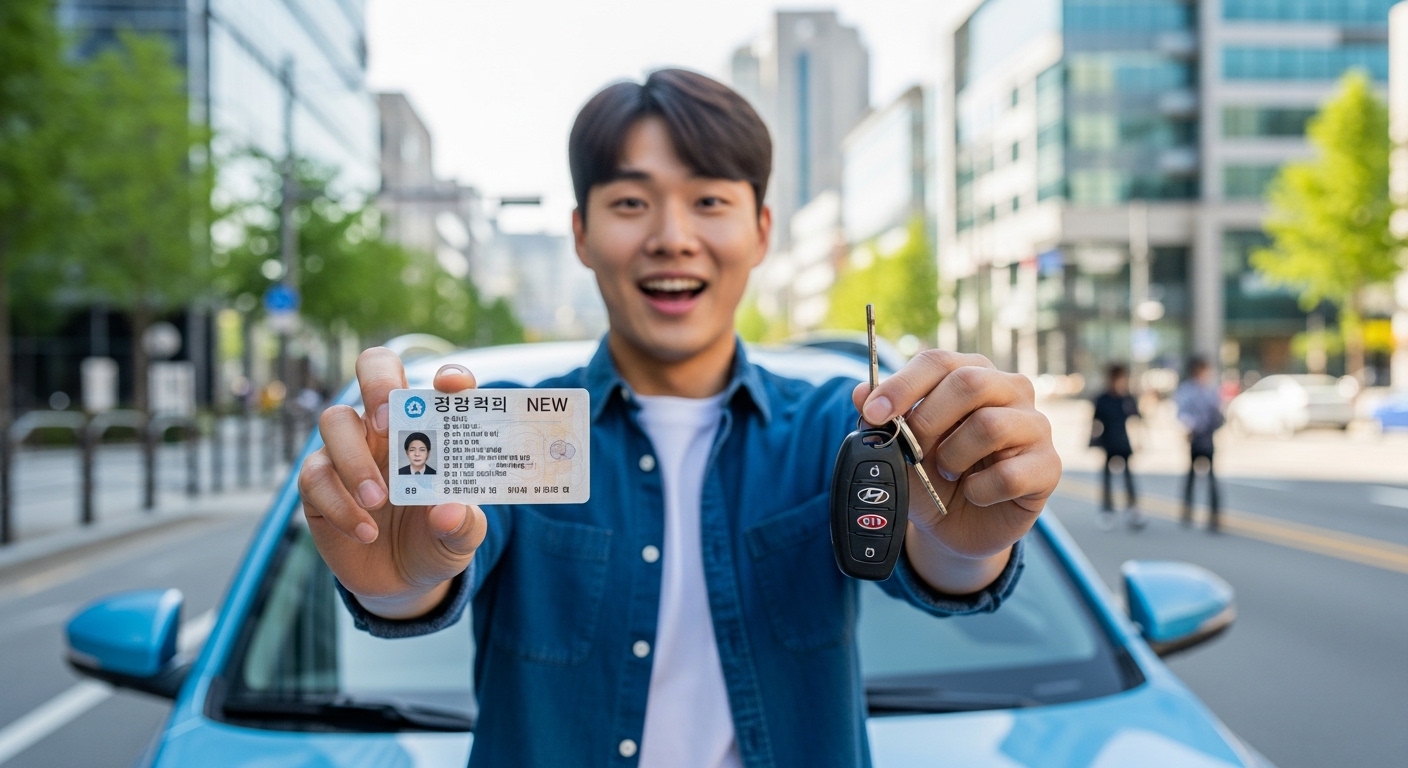 새 차와 면허증을 들고 있는 젊은 운전자