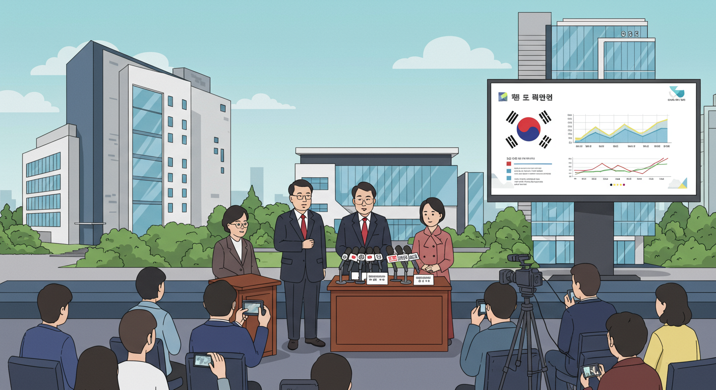 정부 관계자들이 기자회견장에서 새로운 부동산 정책을 논의하는 모습