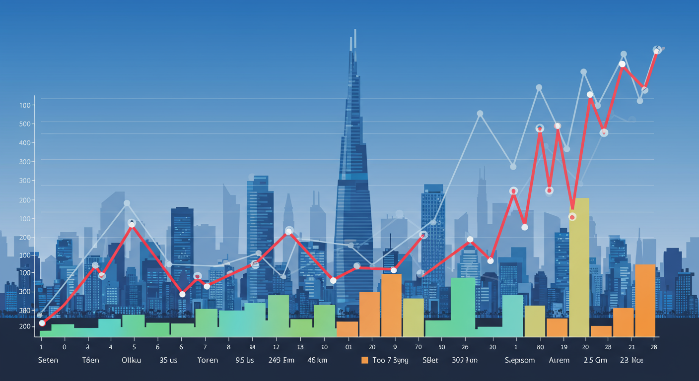 서울 스카이라인을 배경으로 한 한국 주택 시장의 역동성과 가격 변동 차트