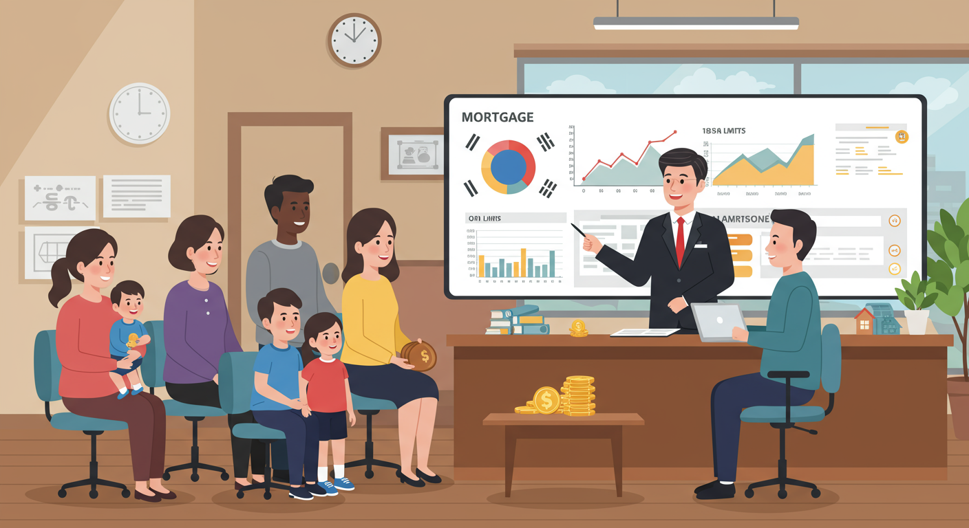 다양한 한국 가족들이 은행에서 모기지 옵션을 평가하고 있는 모습