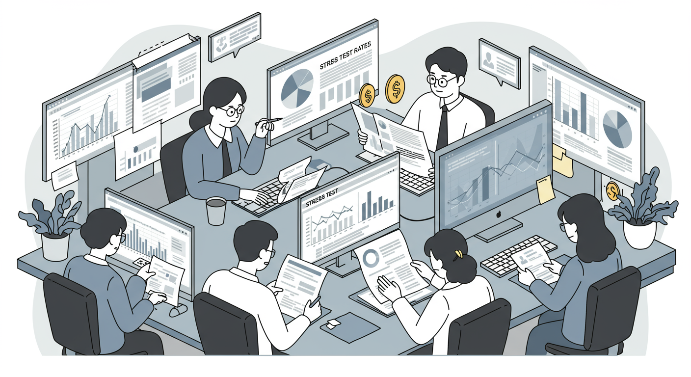 금융 문서를 검토하며 컴퓨터 화면에 표시된 스트레스 테스트 금리를 보는 한국 전문가들