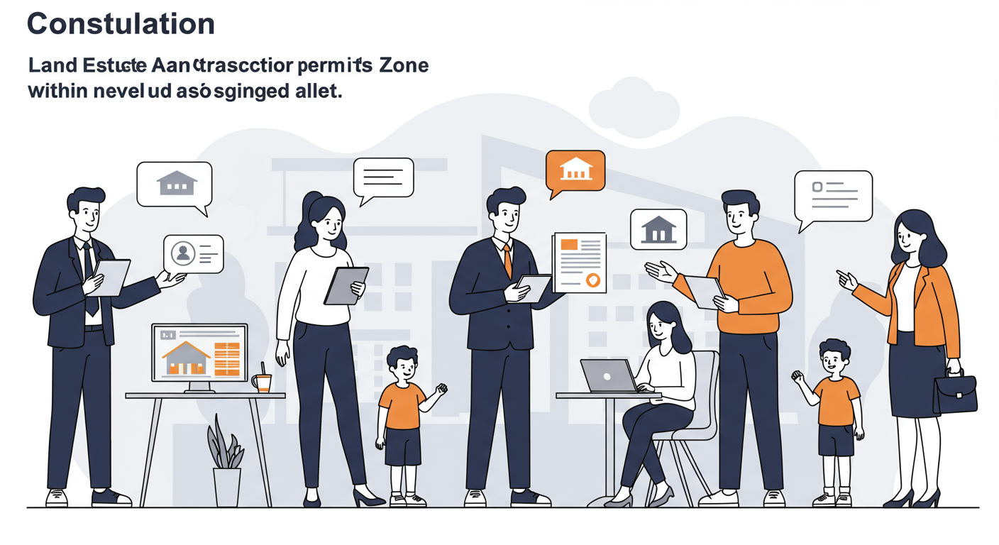 새로운 구역에서 토지 거래 허가에 대해 고객들과 상담하는 부동산 중개인들