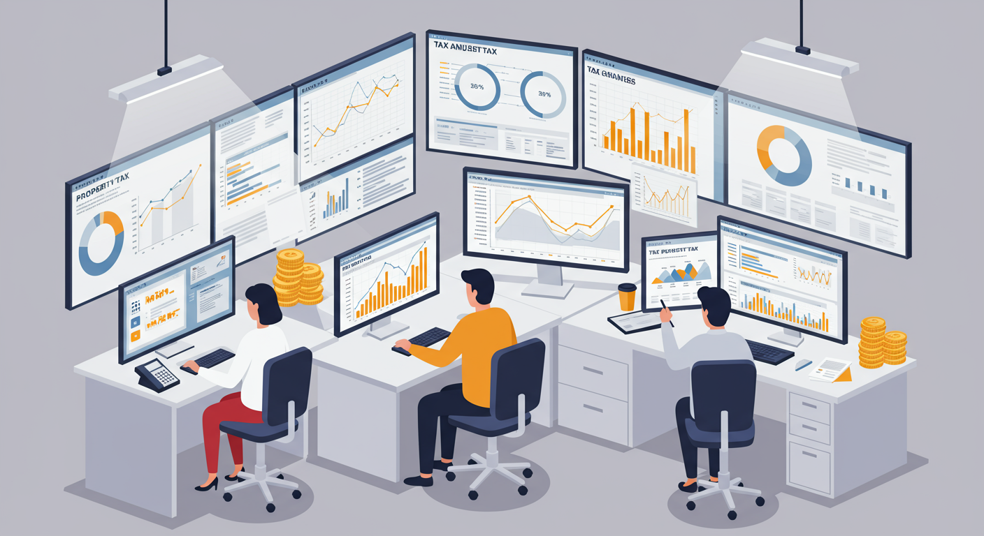 현대적인 사무실 환경에서 그래프와 데이터로 가득 찬 화면을 분석하는 세무 공무원들