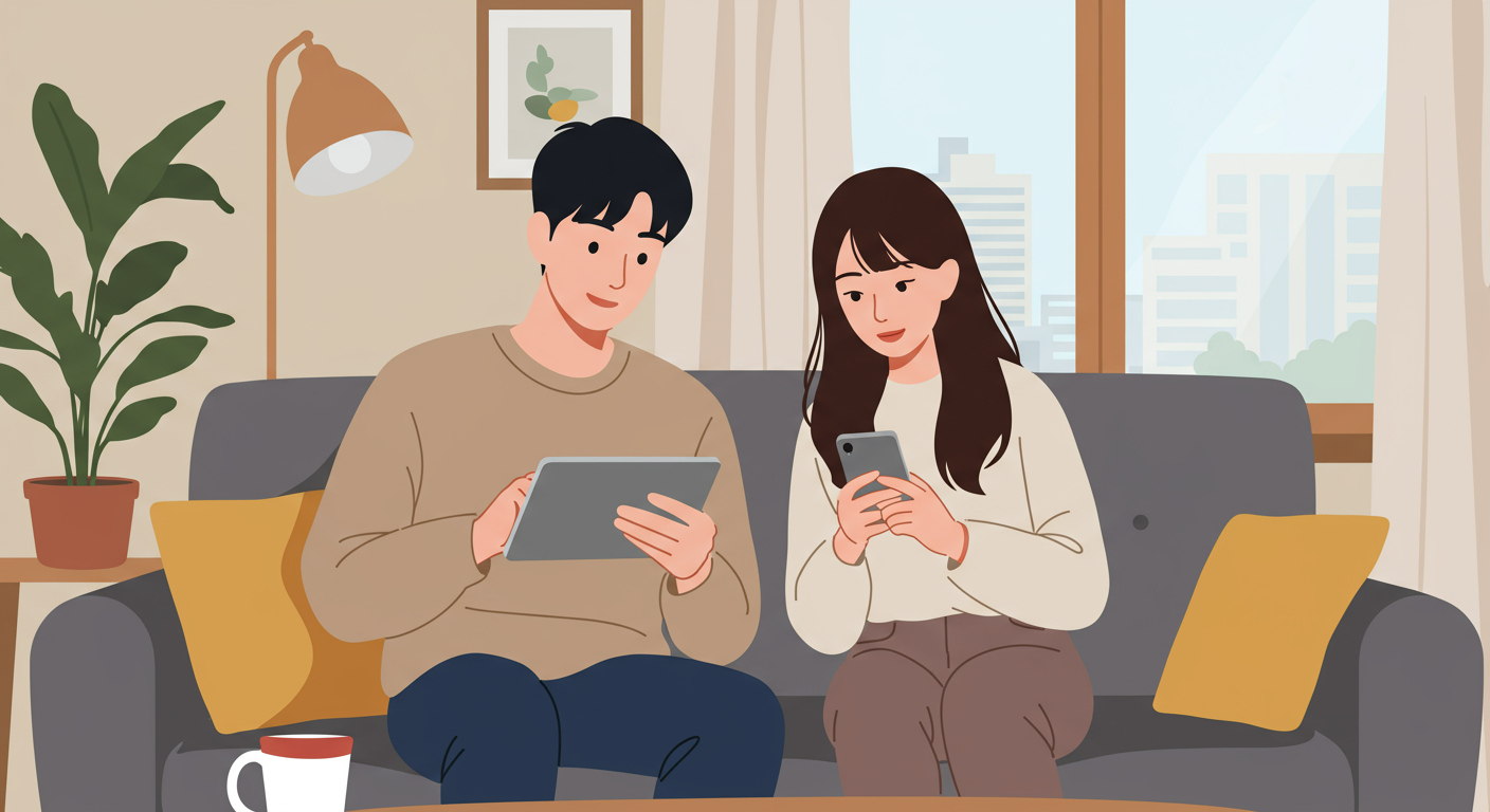 집에서 태블릿과 스마트폰으로 새로운 청약 자격 요건을 공부하는 젊은 커플들