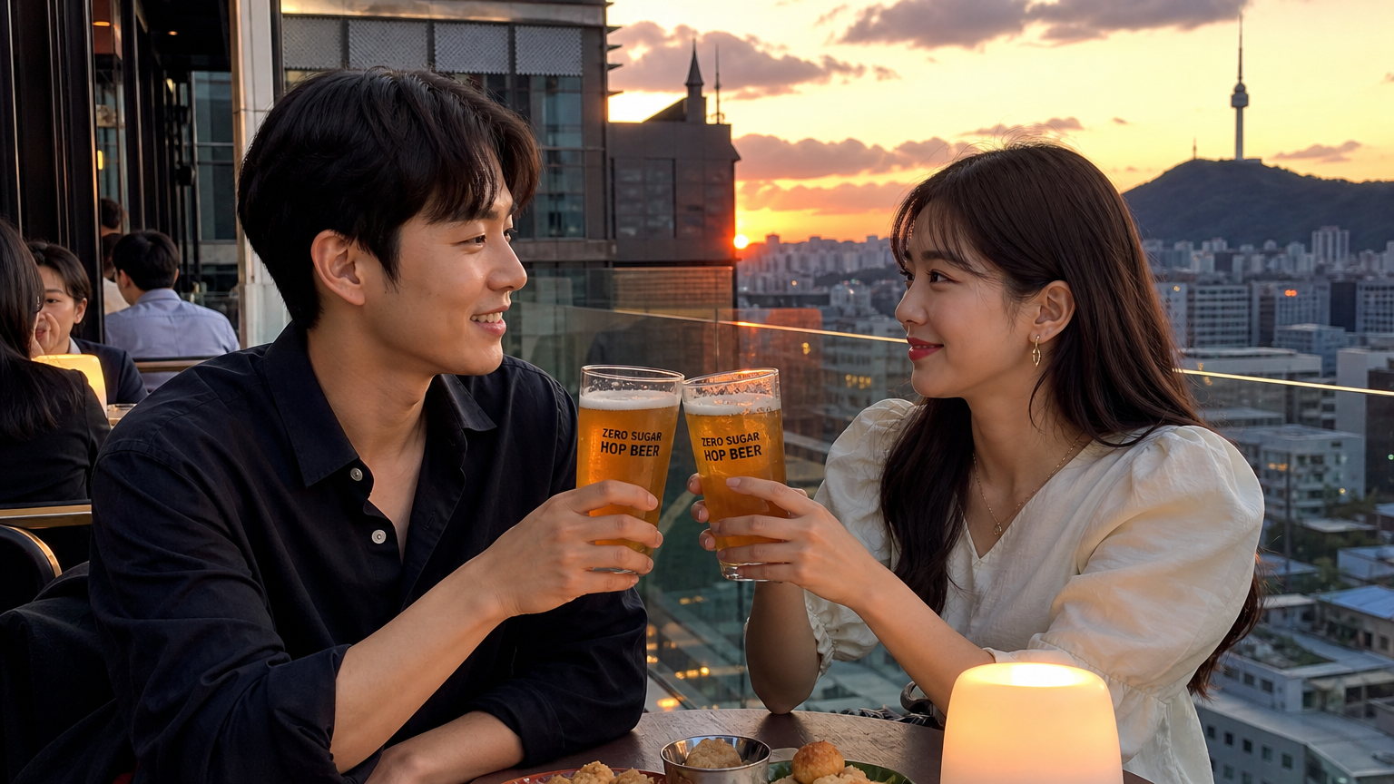 서울 루프탑 바에서 제로슈거 호프 맥주를 즐기는 현대적인 커플