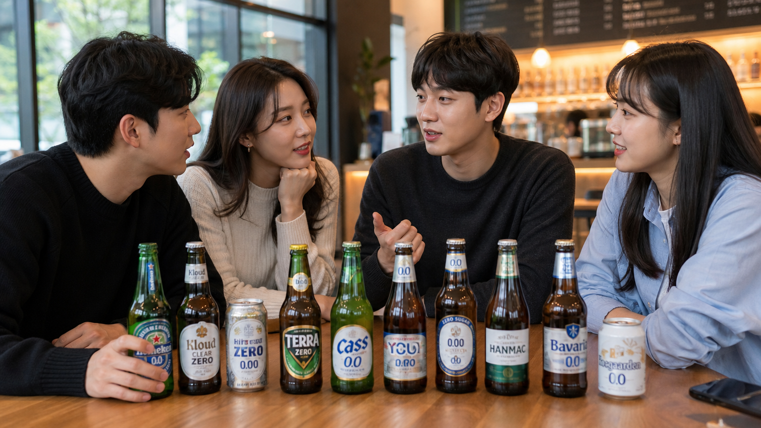 스타일리시한 카페에서 제로슈거 호프 맥주를 논의하는 젊은이들