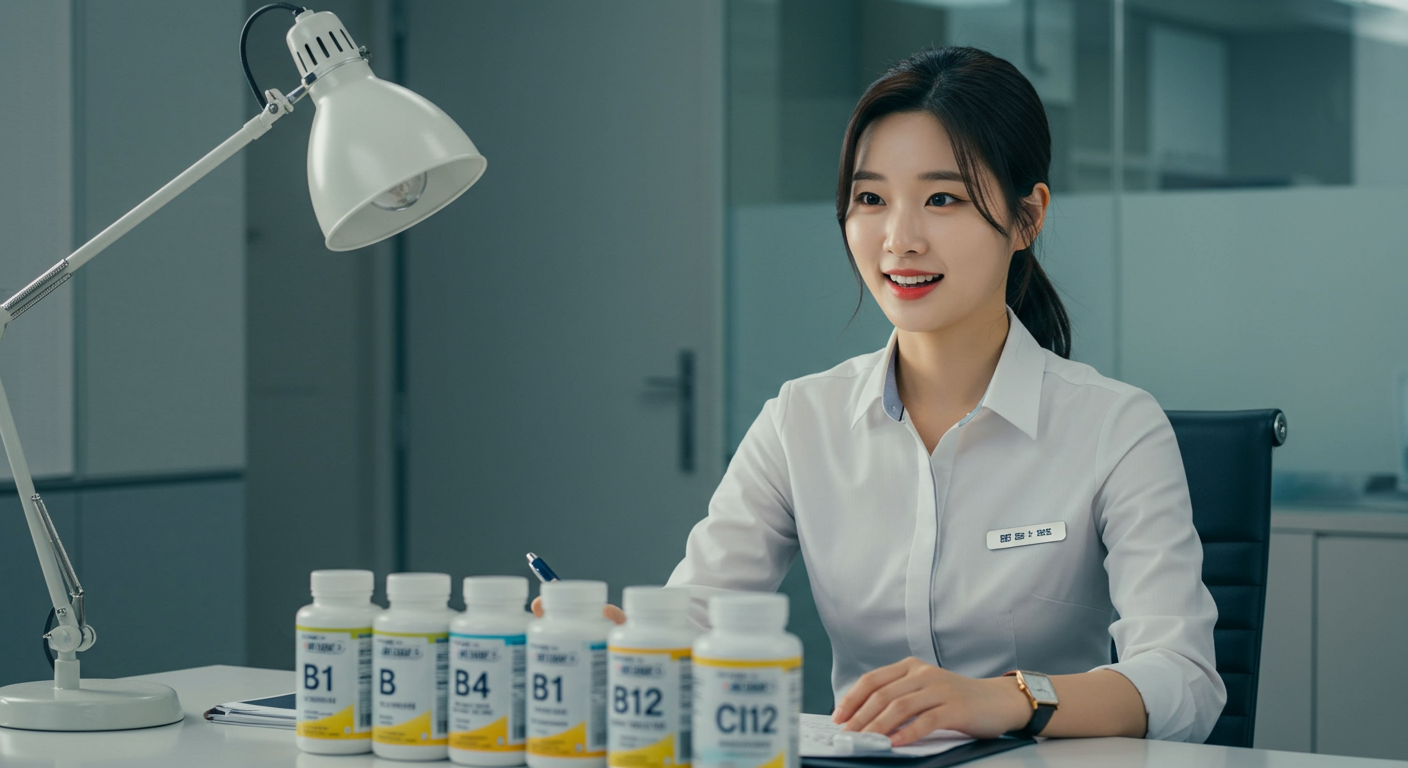 사무실 책상에 앉아 여러 비타민 병을 바라보며 집중하고 있는 직장인의 모습