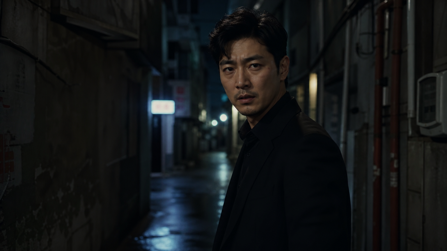 어두운 도시 골목에서 검은 정장을 입고 긴장된 표정의 남성